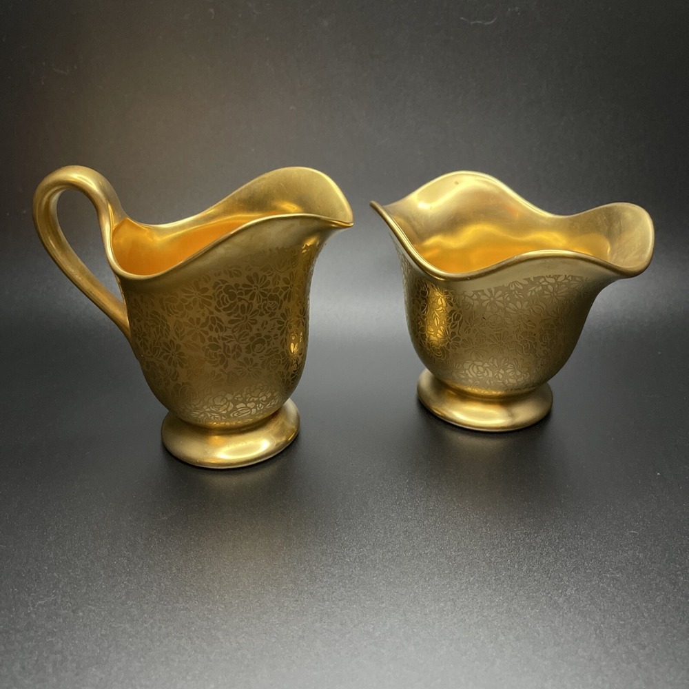 Vintage Pickard Daisy Rose‎ Creamer Open Sugar Bowl Set All Over Gold Encrusted